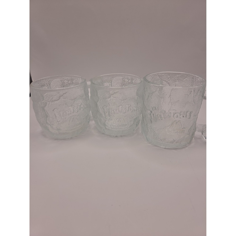 McDonald's 1993 Flintstones RocDonald Glass Mug Set of 3, Textured Glass Mugs
